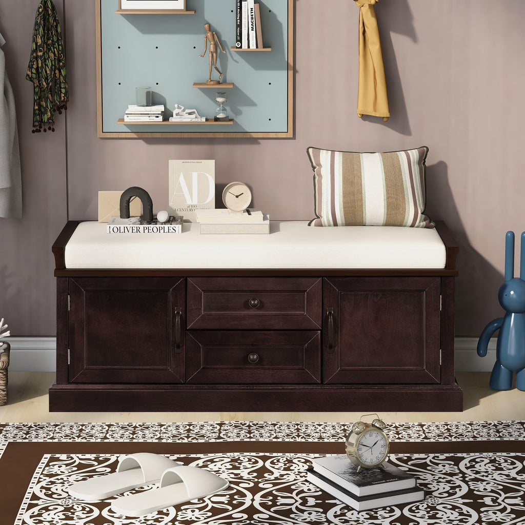Rustic Storage Bench with 4 Doors 2 Draws Adjustable Shelves Removable Cushion Rectangular Cabinet Foot Rest Stool