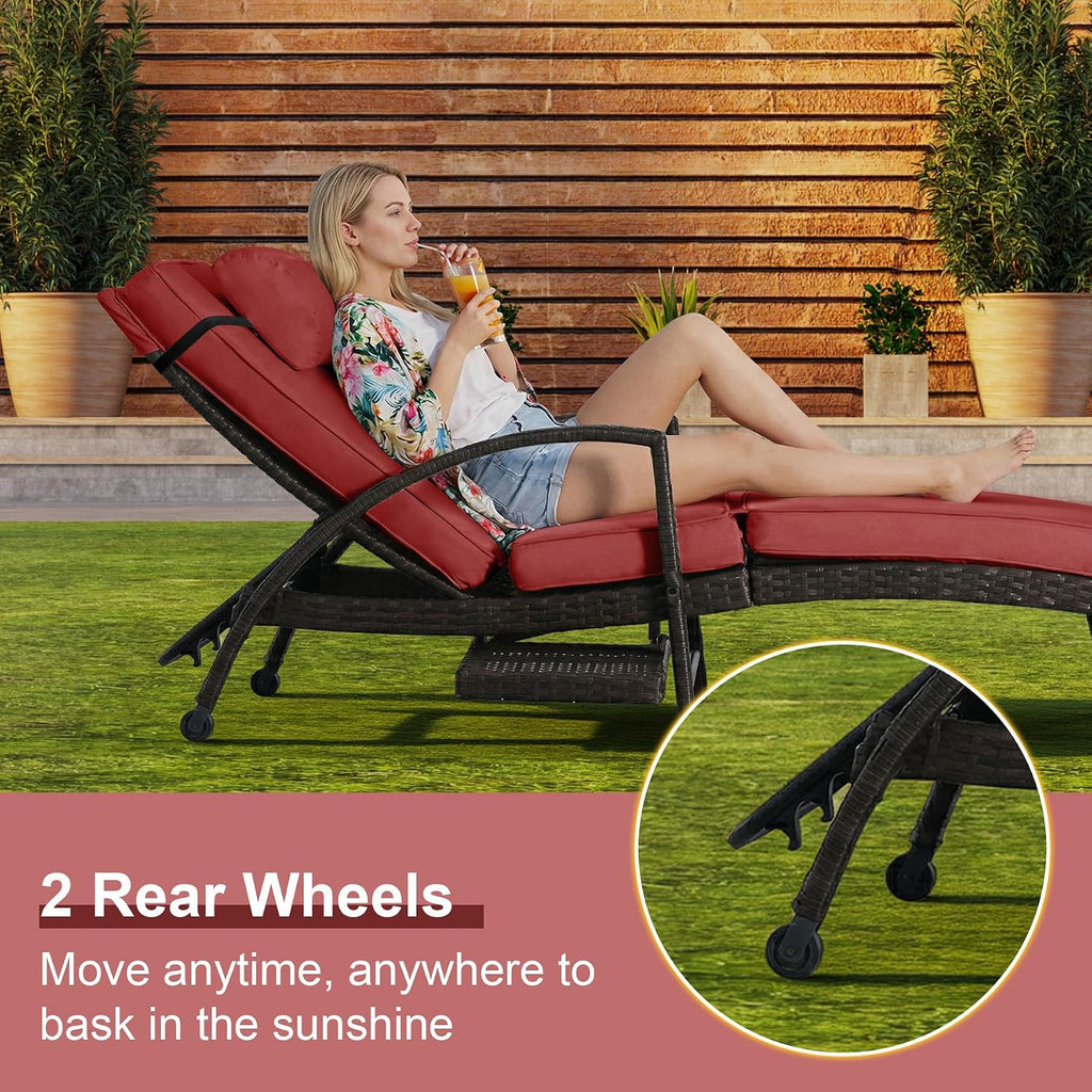 Outdoor Chaise Lounge Set of 2, Patio Lounge Chairs with Side Table,Red | Patio chaise lounges feature 6-position