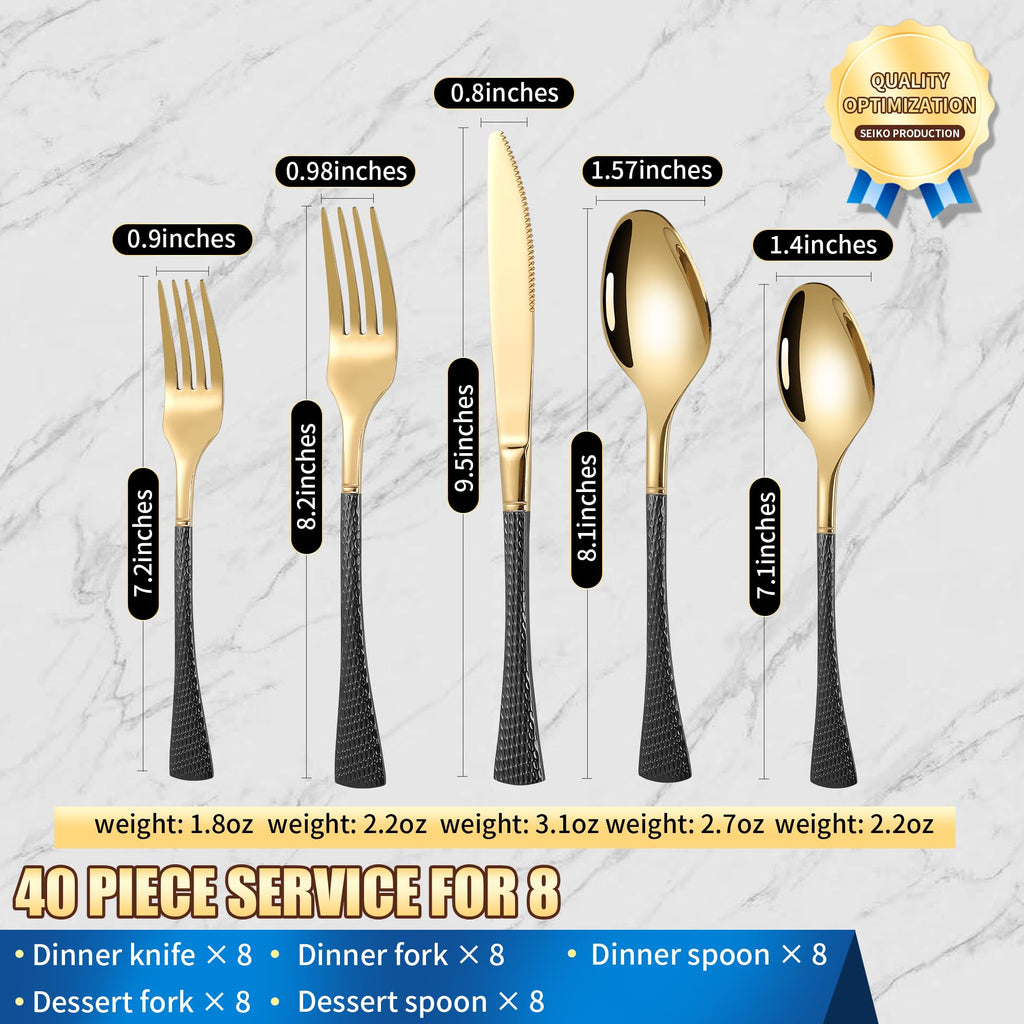 Hammered Black Gold Silverware Set for 8,Stainless Steel 40-Piece Modern Cutlery Set,Mirror Polished Heavy Duty
