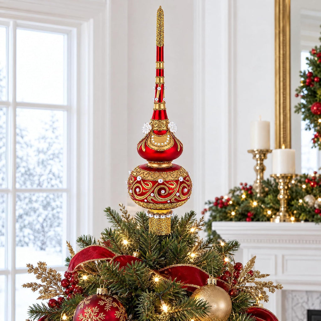 Dimensional Roses Pearls Golden Scroll Mouth Blown Glass Tree Topper