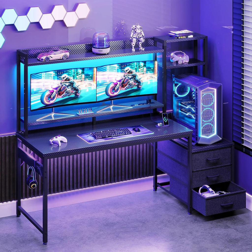 55 Inch Gaming Desk with Hutch & LED Lights & PC Tower Stand | Reversible PC Desk with 3 Fabric Drawers & Power