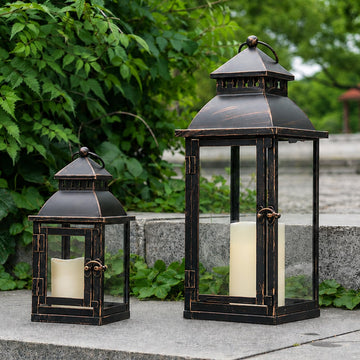 Lanterns Decorative Outdoor&Indoor, Set of 2 Large Bronze Metal Lantern Decor with Glass, Candle Holder for Porch