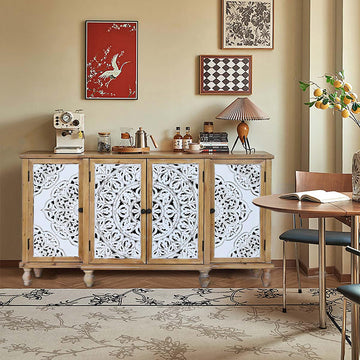 63" French Country Sideboard, Vintage Buffet Cabinet, Farmhouse Carved Wood Storage cabinet with Doors & Shelves