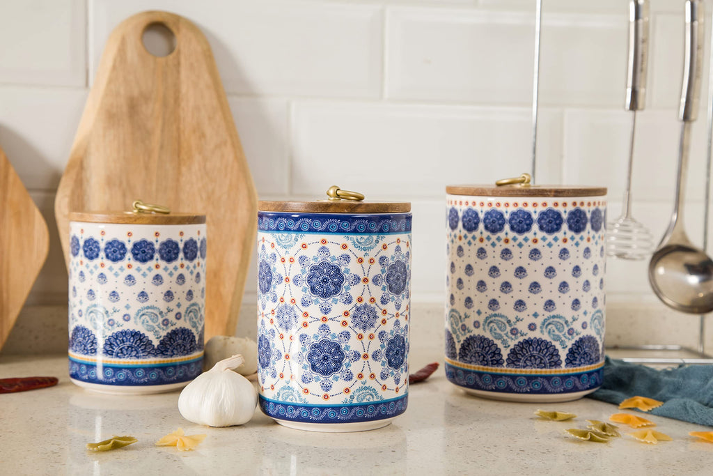 Blue Talavera Ceramic Canister Set of 3 Counter, 62oz, 40oz, 32oz each, with Wooden Air Tight Lid, Food Storage Jar