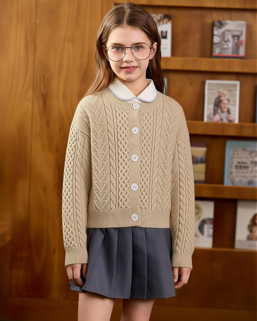 Long Sleeve Chunky Cable Knit Cardigan for Girls Button Front Uniform School Sweater
