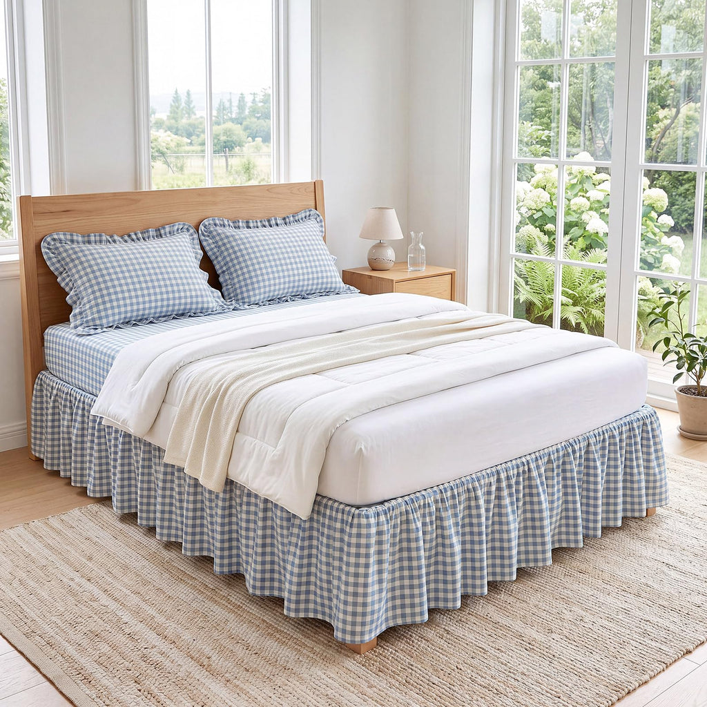 Blue White Gingham Bed Skirt Queen Size 16" Drop Pleated