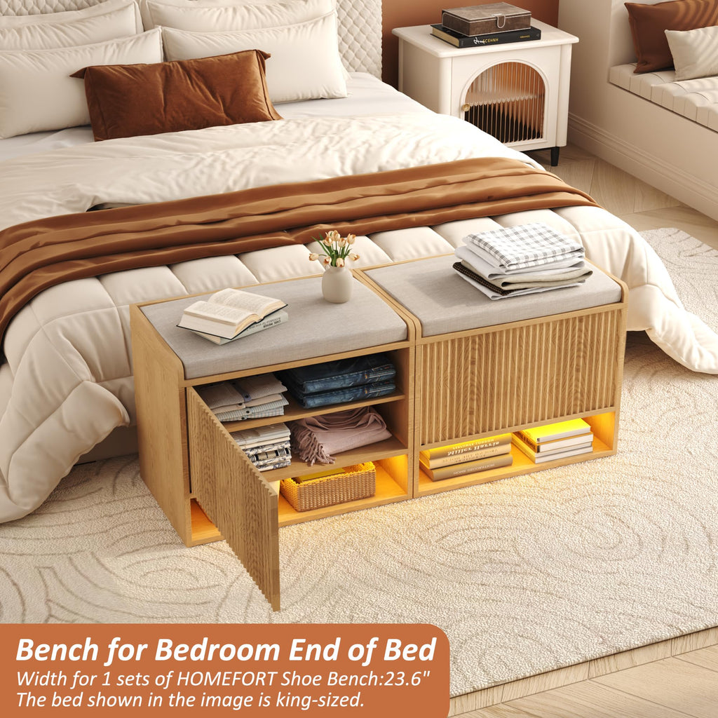 23.6" Fluted Shoe Storage Bench, Small Entryway Bench with Linen Seat Cushion, Shoe Cabinet Bench with Adjustable