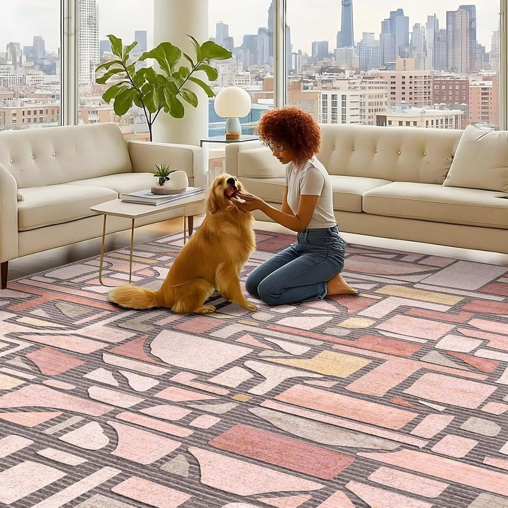 Area Rug, Vintage Checkered Abstract Rugs, Non Slip Washable Large Low Pile Soft Modern Floor Carpet Bedroom