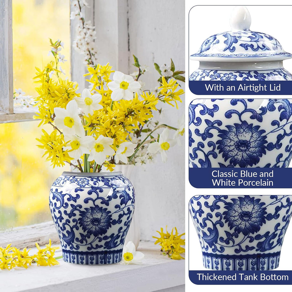 Chinese Style Blue White Porcelain Decorative Ginger Jar Tea Storage Jar with Lid Floral Arrangement with Fine Glaze