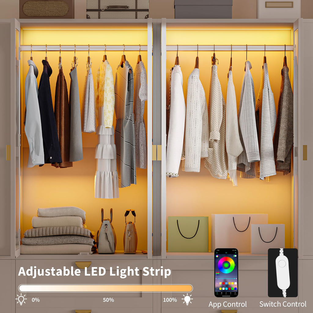 Armoire Wardrobe Closet with LED Lights & 2 Drawers, 71" Tall Clothing Storage Cabinet with Removable Hanging Rod, 4