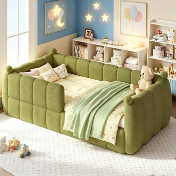 Upholstered Montessori Floor Bed with Fence, Green
