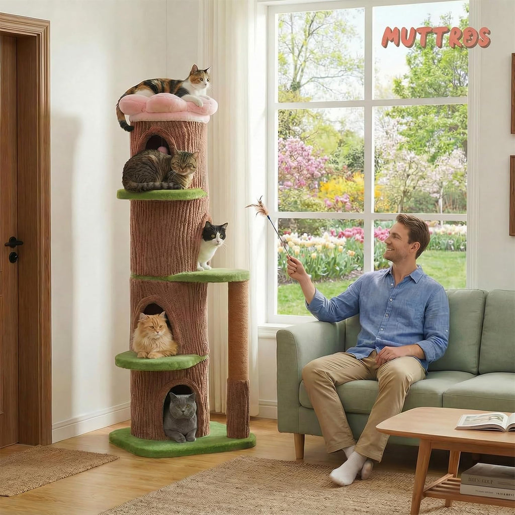 68.5" Forest Cat Tree Tower with 4 Condos & Flower Top Bed, Brown