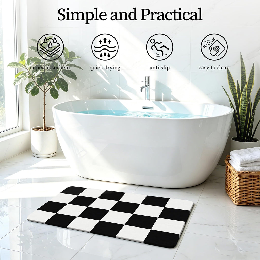 Extra Large Checkered Stone Bath Mat, 32" x 20" Diatomite Shower Mat, Black and White, Quick Drying, Absorbent