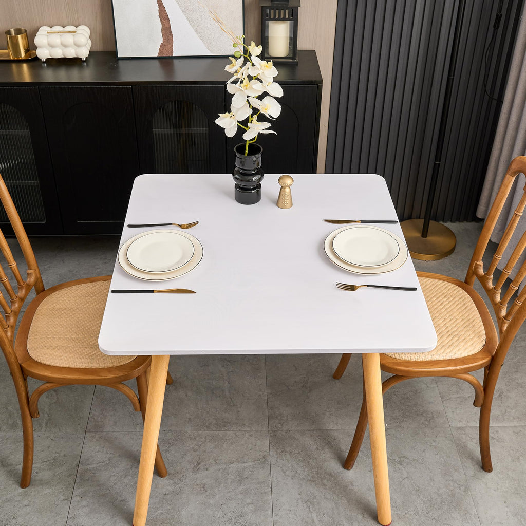 Solid Color Square Tablecloth 48x48 Inch Fitted Patio Coffee Table Cover with Elastic Stretchy Washable White Fabric