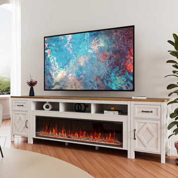 98 Inch for TVs Up to 100 Inch, Modern Entertainment Center with 60" Electric Fireplace, White TV Console with Storage