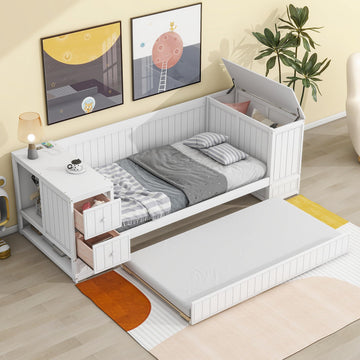 Twin Size Daybed with Trundle, Storage Arms and Charging Station, White Wood Bed Frame