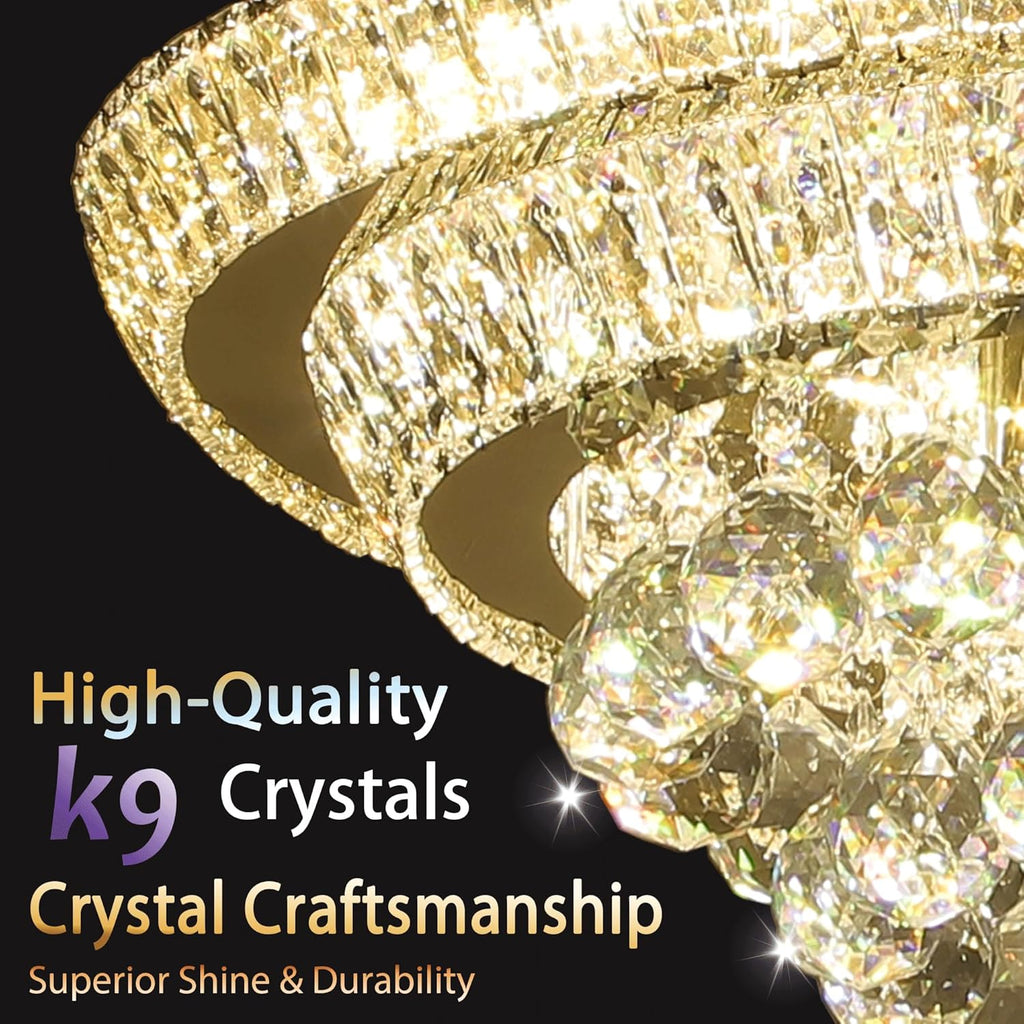 24 inch Crystal Chandeliers With Remote and APP Control, Modern Luxury Flush Mount Gold Chandelier, 3CCT Dimmable