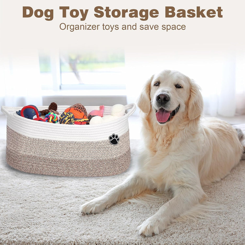 40L Extra Larg Dog Toy Basket, Woven Rope Storage Basket, White-Brown
