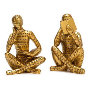 Antique Gold Reading Thinker Statue, Set of 2 Abstract Art Sculptures
