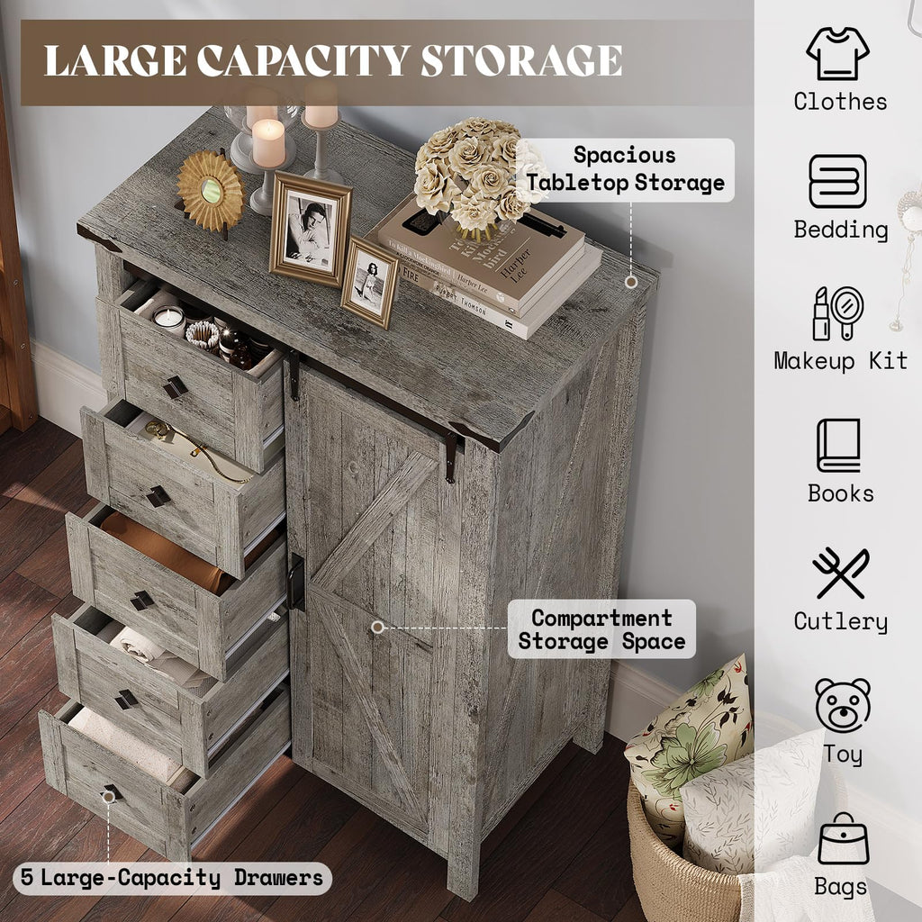 31.5" Farmhouse 5-Drawer Dresser with Barn Doors, Light Rustic Oak
