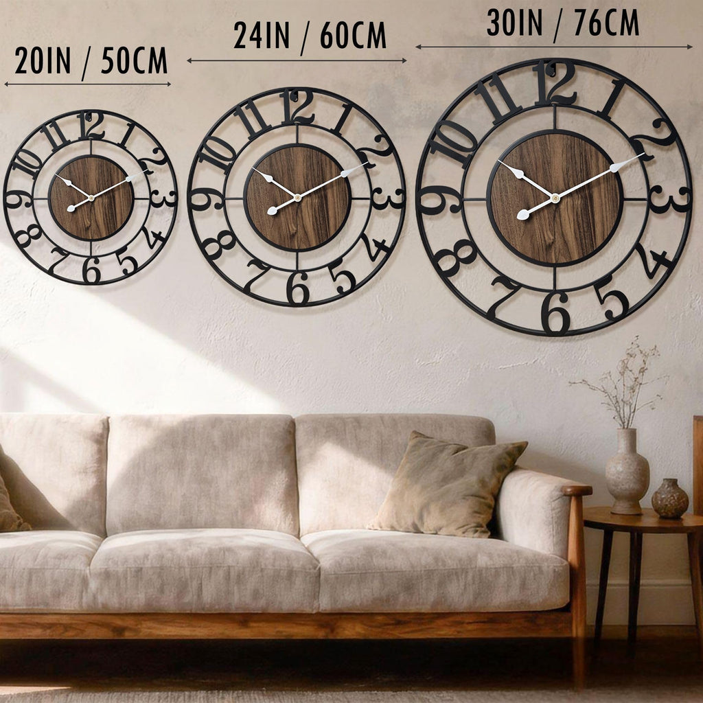 Large Metal Wall Clock, 30 Inch Retro Decorative Silent, Non Ticking, Battery Operated Modern Big Wood Wall Clock