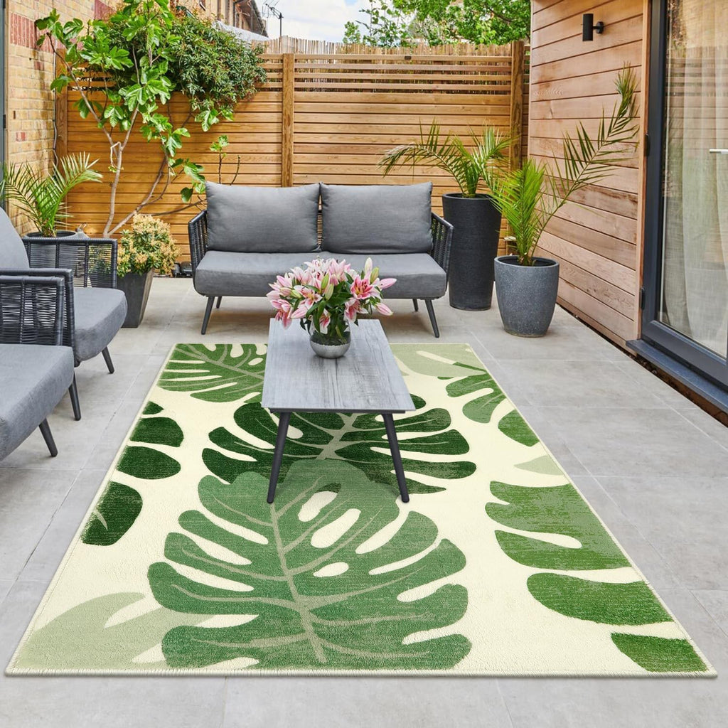 Leaf Indoor Outdoor Area Rugs, 5x7 Green Washable Living Room Rug Tropical Monstera Plant Non-Slip Bedroom Rugs