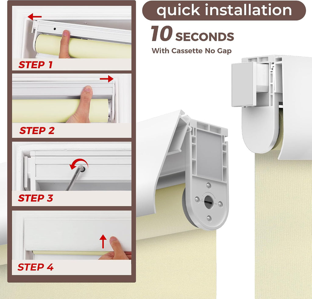 No Drill No Tools Blackout Roller Shades for Windows, (Beige 34 x 48), Renter-Friendly, UV Protection, no-Drill