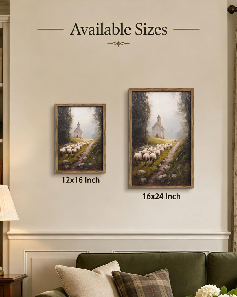Framed Christian Sheep Wall Art, Vintage Country Church Landscape Wall Decor Painting Picture, Rustic Pastoral Lamb