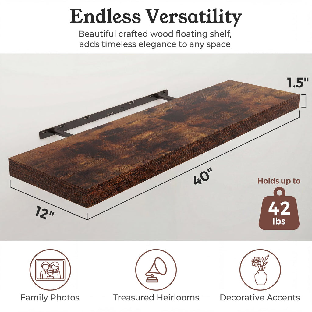 40" Rustic Brown Floating Shelves 12inch Deep Wall Shelf, Set of 2