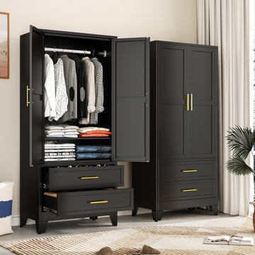 71" H Metal Armoire Wardrobe Closet with 2 Drawers, Adjustable Shelve, Clothes Drying Pole, Steel Wardrobe Cabinet