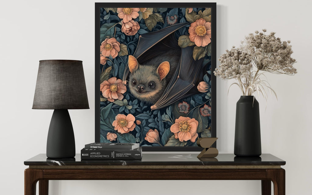 Bat Black Framed Art Print Poster, William Morris Style Retro Mid Century Botanical Victorian Dark Academia Gothic