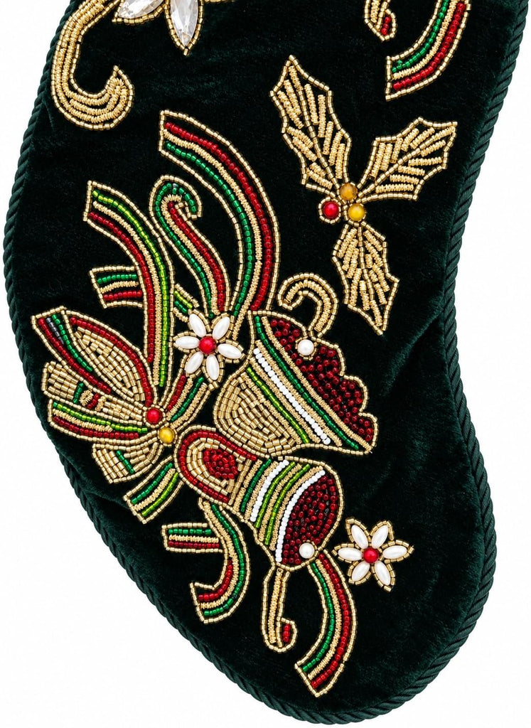 Christmas Stocking for Fireplace Mantel, Green Velvet Embroidered Holiday Stocking with Bird & Floral Design, Elegant