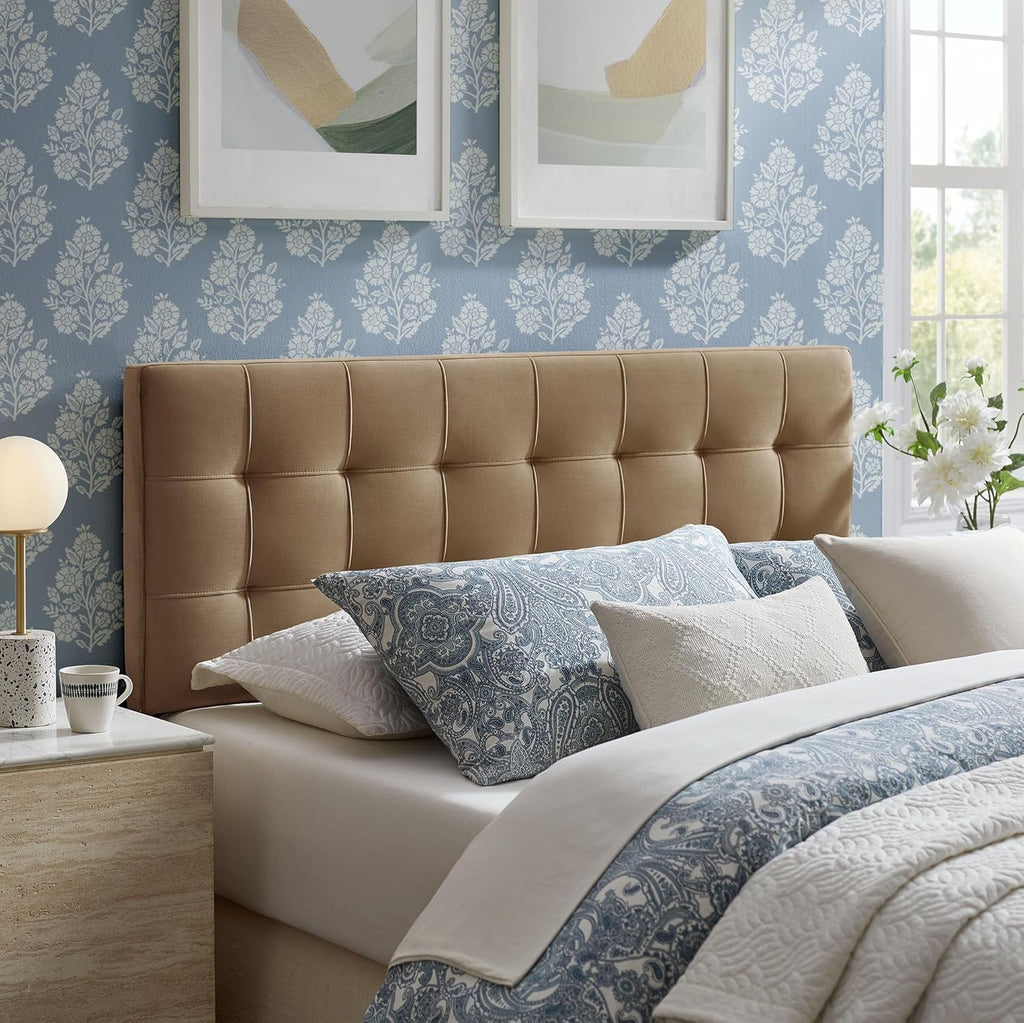 Lily Performance Velvet Queen Headboard with Biscuit Tufting in Taupe - Stain-Resistant Upholstery with Padded Design