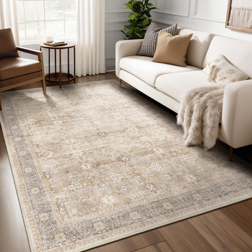 Washable Neutral 5x8 Area Rugs, Vintage Farmhouse Earth Tone Beige Taupe Carpet Bedroom, Low Pile Thin Rug with Non