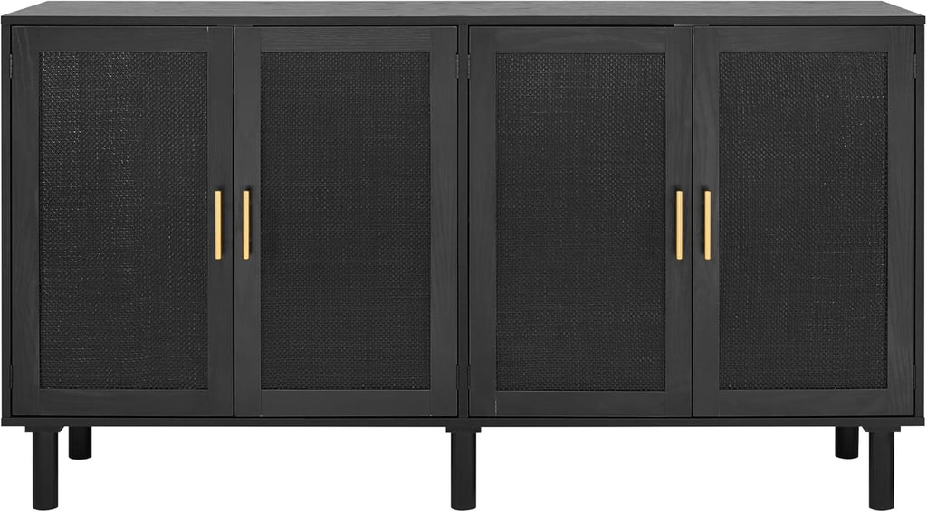 4 Door Sideboard Buffet Cabinet, Kitchen Storage Buffet with Black Painted Rattan Decorated Doors