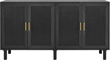 4 Door Sideboard Buffet Cabinet, Kitchen Storage Buffet with Black Painted Rattan Decorated Doors