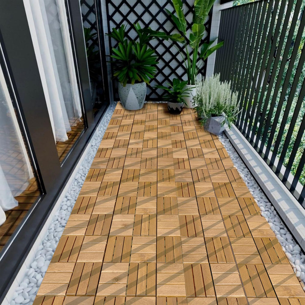 12" x 12" Square Wood Interlocking Flooring Tiles, Pack of 10 Tiles, 10 PCS Interlocking Deck Tiles, Acacia Hardwood