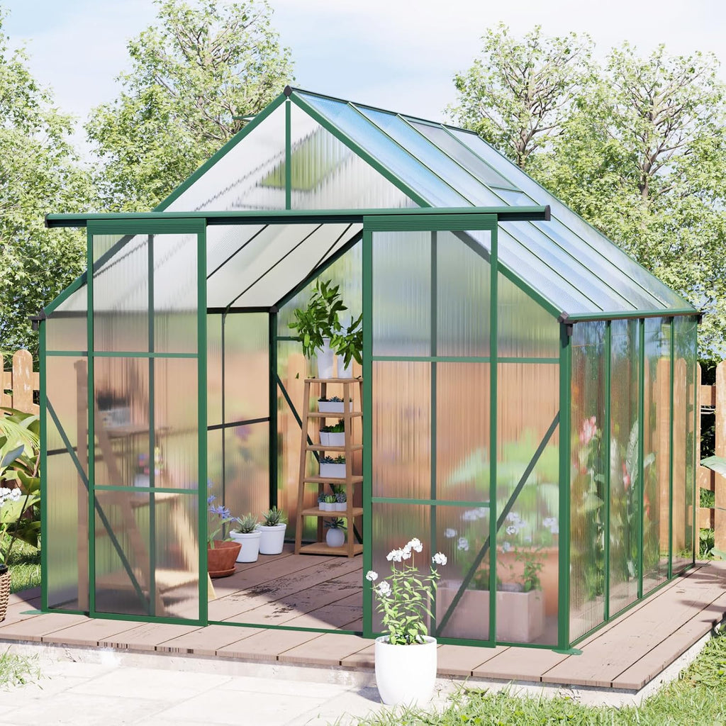 8x8 FT Green Outdoor Walk-in Polycarbonate Greenhouse Dual Sliding Doors Adjustable Roof Vent Aluminum Frame