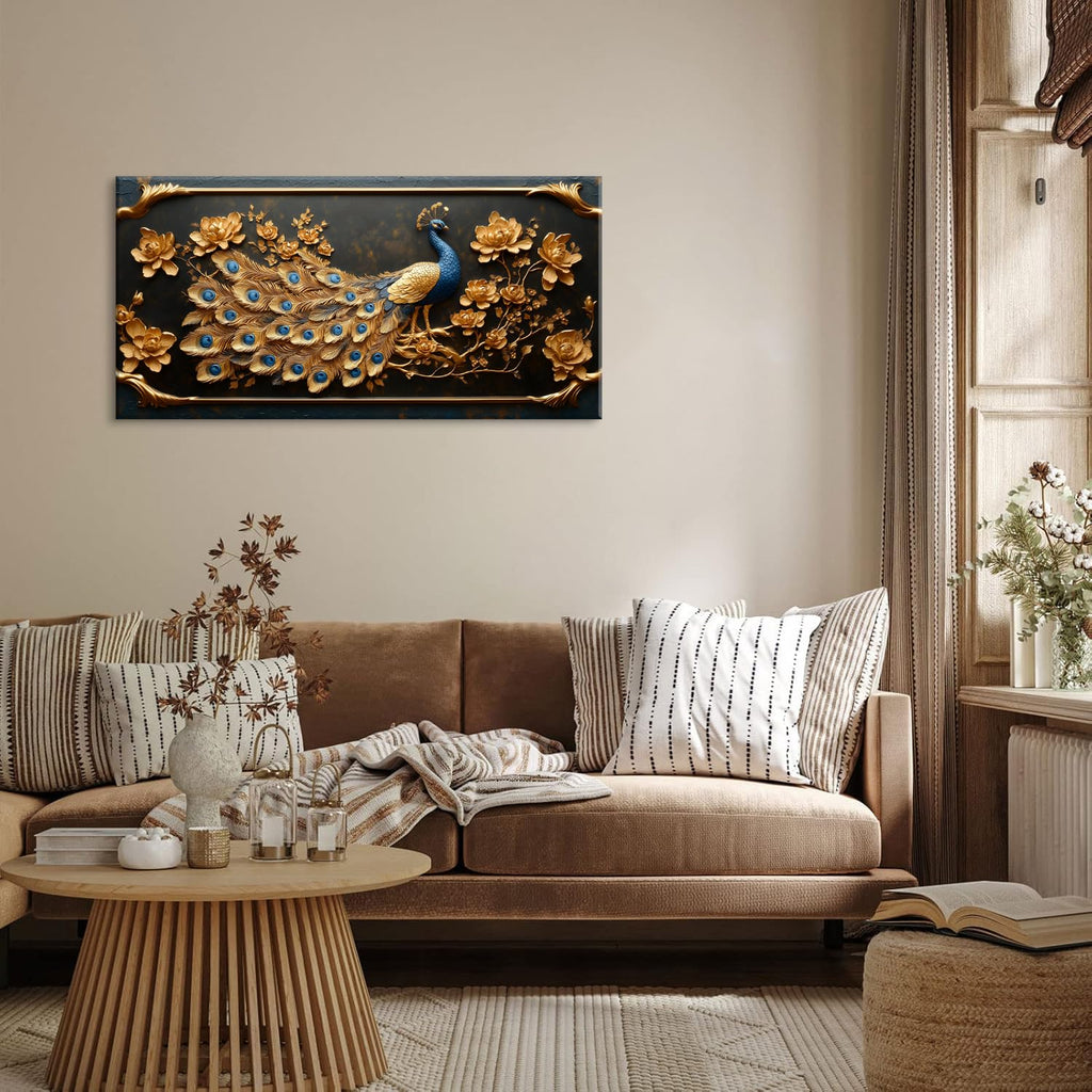 Pretty Peacock Wall Art Office Gold Country Rustic Retro Asian Canvas Painting Prints Golden Vintage Elegant Peackock
