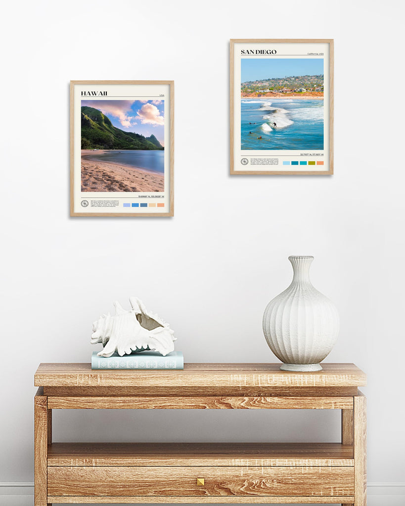 Natural OAK Wood San Diego Surfing Framed Wall Art, 12x16in Natural Seascape Canvas Wall Print, Classic Urban Landmark