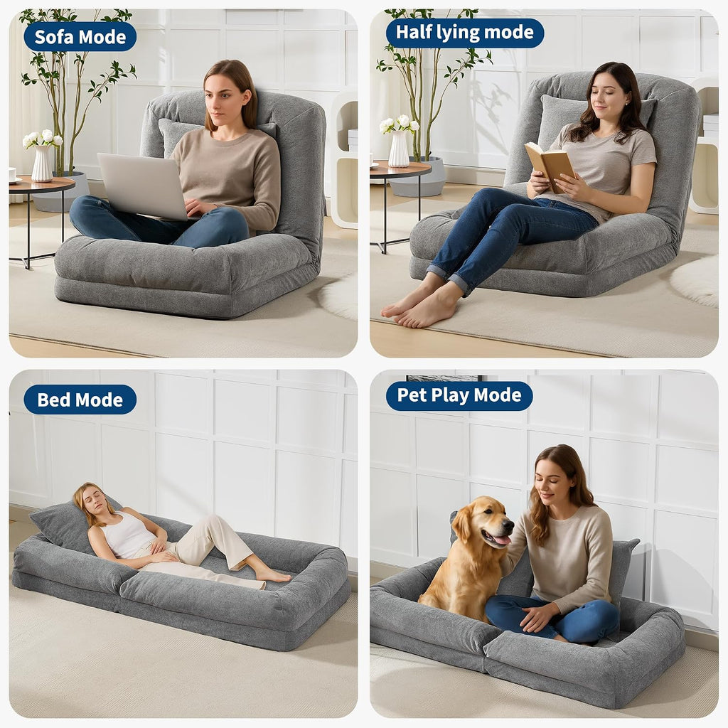 Oversized Adjustable Human Dog Bed for Adults & Pets - Chenille Upholstered Collapsible Floor Sofa with 2 Soft