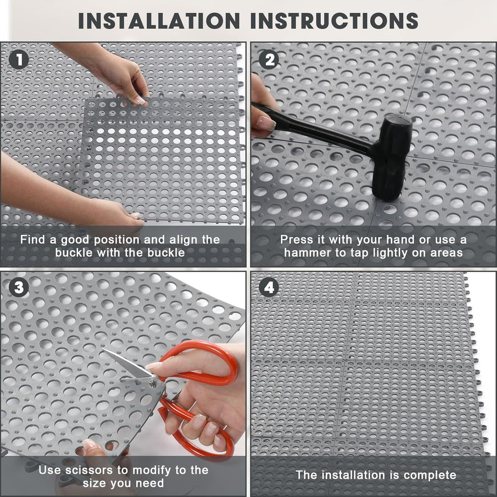 12 Pack Drainage Tiles Modular Interlocking Floor Tiles with 1 Pc Plastic Hammer 12" x 12" Cushion Mat Non Slip Rubber