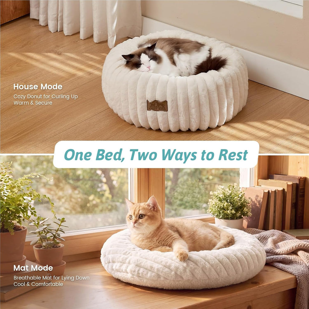 Calming Cat Bed, Donut Kitten Bed, Small Round Dog Bed Cream