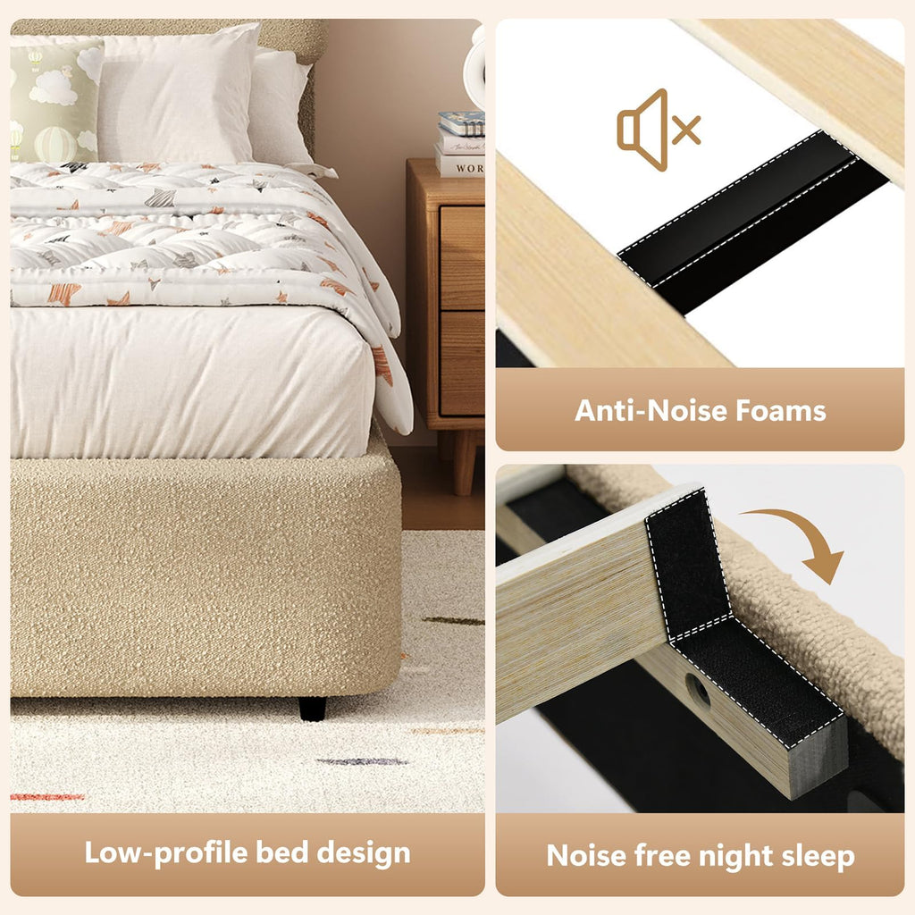 Twin Boucle Bed Frame, Beige Twin Upholstered Bed Frame