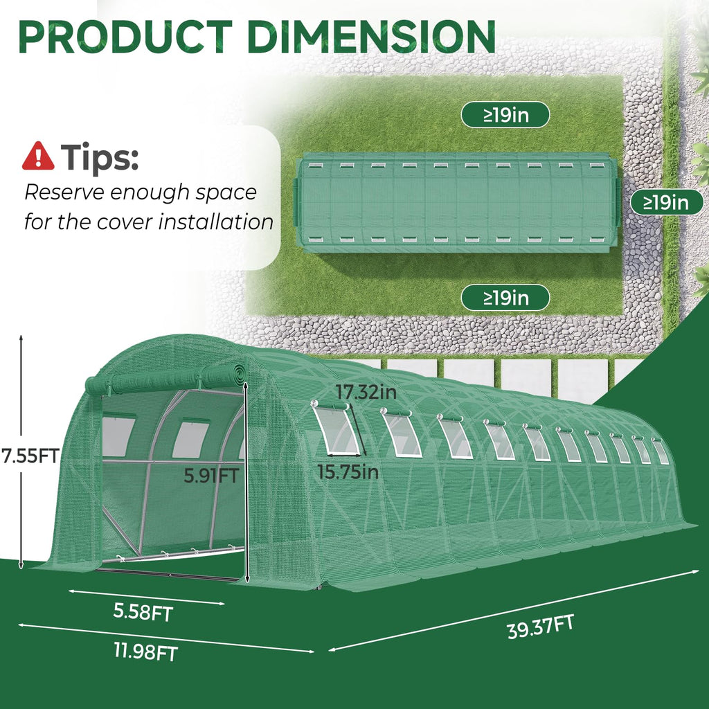 40*12*7.5FT Walk-in Tunnel Greenhouse, Galvanized Steel, Green