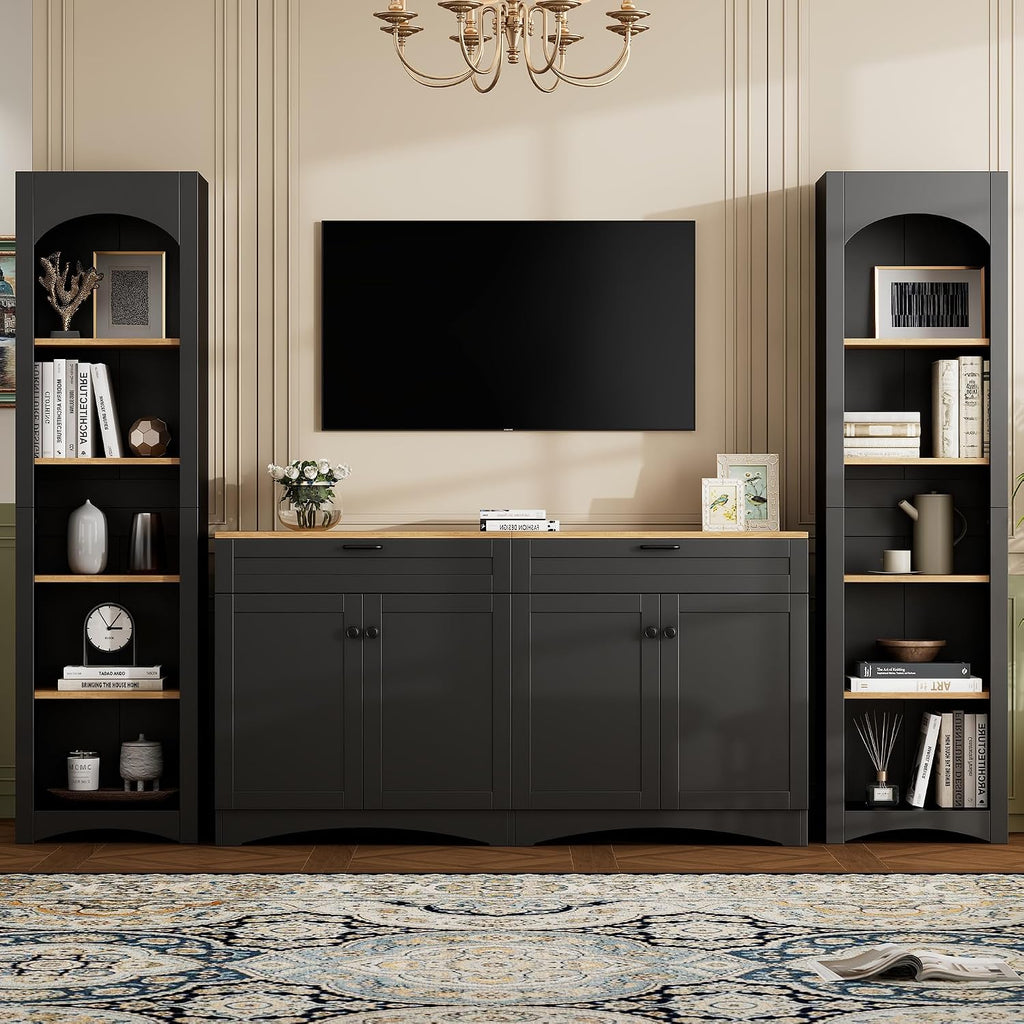 Modern 3 Piece TV Stand with 2 Bookshelves for TVs up to 70'', Mid-Century Solid Wood Entertainment Center with