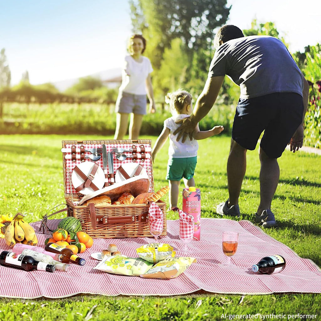 Red Plaid Wicker Picnic Basket for 4 with Waterproof Blanket