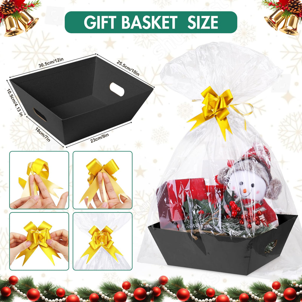 6PACK Black Baskets For Gifts Empty, 10x12"Thick Black Gift Basket with 6 Bows 6 Bags Empty Gift Baskets for