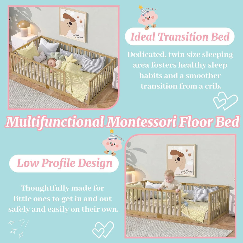 Montessori Floor Bed with High Rails and Slats, Solid Wood Floor Bed Frame with Fence, Low Wooden Kids Beds