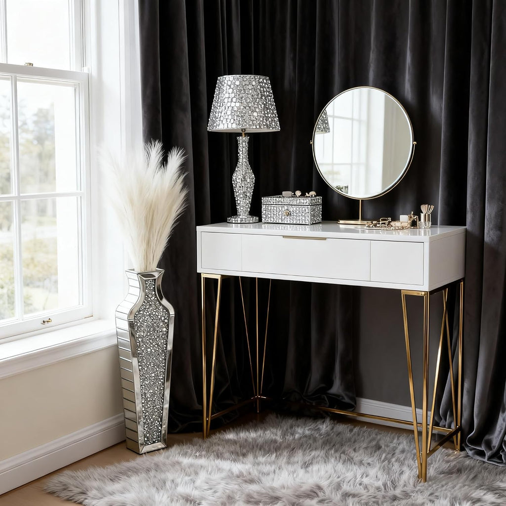 Crushed Diamond Floor Vase with Pampas Grass, Large Silver Mirror Tall Vases for Floor, Modern Luxury Glass Vases